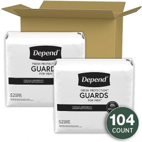 Depend Incontinence Guards pour Hommes, Absorbence maximale, 2 paquets de 52 et 104 au total emballage peut varier 
