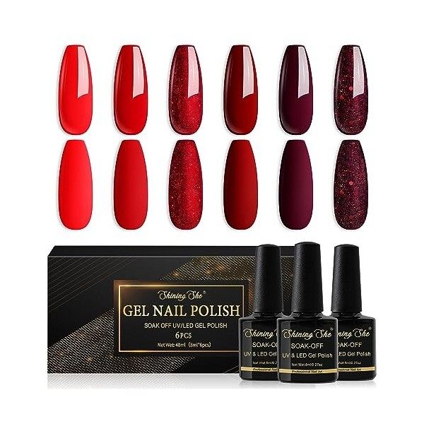 Shining She Vernis Semi Permanent, 6 Couleurs Rouge Bourgogne Rouge Foncé Paillettes Vernis à Ongles Gel Soak Off UV/LED Semi