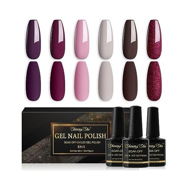 Shining She Vernis Semi Permanent, 6 Couleurs Rouge Bourgogne Rouge Foncé Paillettes Vernis à Ongles Gel Soak Off UV/LED Semi