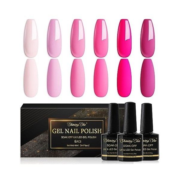 Shining She Vernis Semi Permanent, 6 Couleurs Rose Série Vernis à Ongles Gel Soak Off UV/LED Semi-permanent Manucure Kit Pour