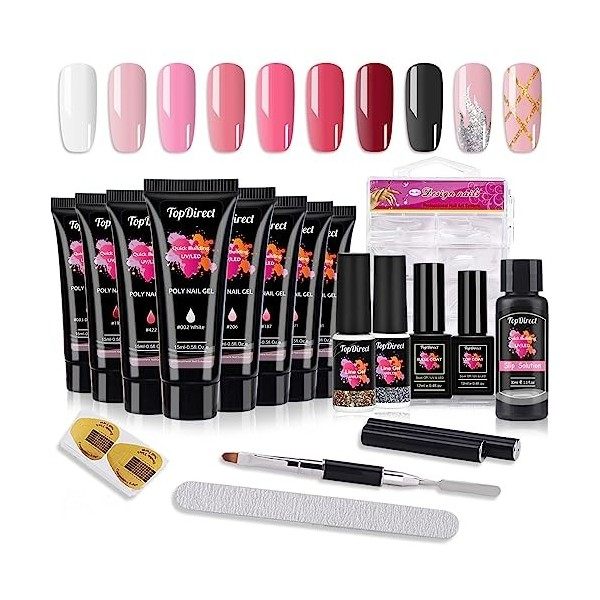 TopDirect 8 Couleurs 15ml Nail Extension Gel Rose Noir avec Gel Liner Vernis à Ongles Or & Argent Top Base Coat 100Pcs Pose 