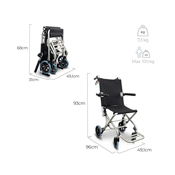 Mobiclinic, Fauteuil roulant de transit, Neptuno, Aluminium, Pliant, Frein sur poignées, Marque espagnole, Repose-pieds plian