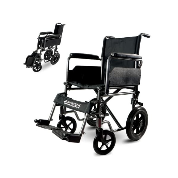 Mobiclinic, Fauteuil roulant pliable, S230, Léger, Siège 46 cm, Repose-pieds rabattables et amovibles, Accoudoirs rabattables