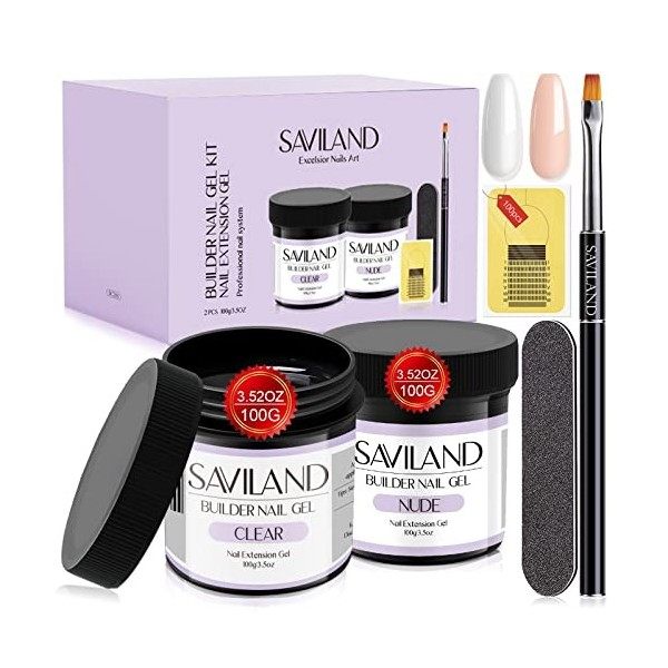 Saviland Gel Construction Ongle U V Kit - 2*100g dur Gel transparent et nu pour ongles,3.5oz Kit de Manucure Gel de Construct