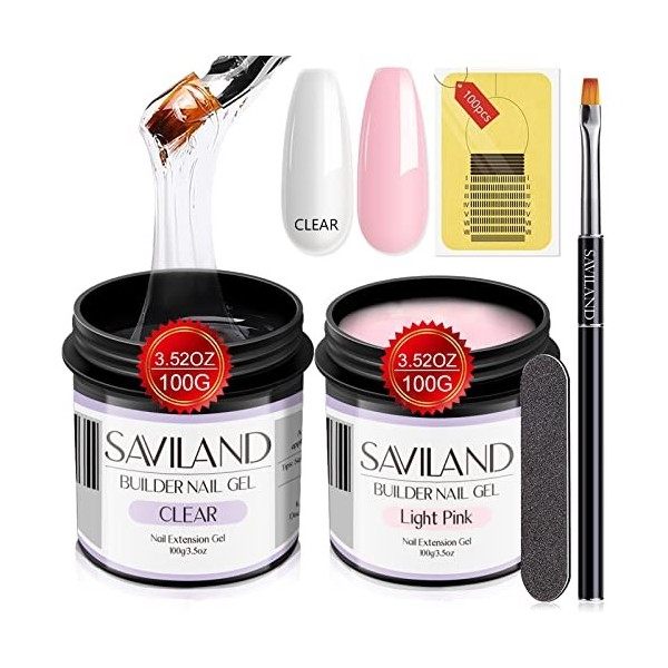 Saviland Gel Construction Ongle U V Kit - 2*100g dur Gel transparent et nu pour ongles,3.5oz Kit de Manucure Gel de Construct