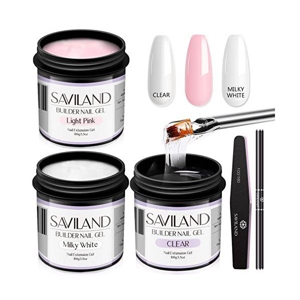 Saviland Gel Construction Ongle U V Kit - 2*100g dur Gel transparent et nu pour ongles,3.5oz Kit de Manucure Gel de Construct