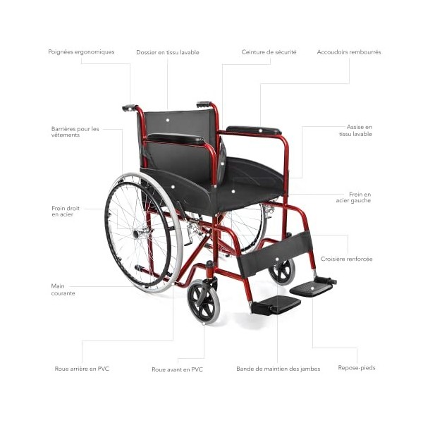 AIESI® Fauteuil Roulant pliable léger à autopousser pour les handicapés et les personnes âgées AGILA BASIC, Accoudoirs et Rep