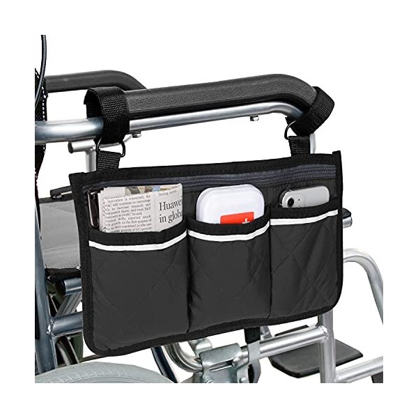 supregear Latéral pour Accoudoir pour Sac Fauteuil Roulant, Sac de Rangement pour Marche avec Bandes, Pochettes de Rangement 