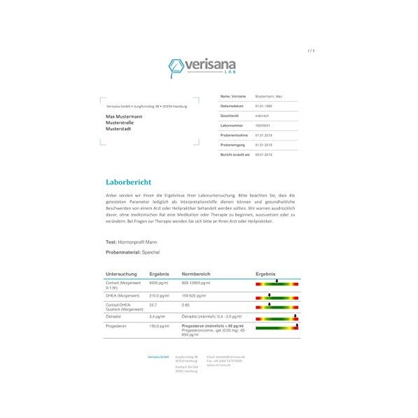 Verisana Hormonprofil Mann Östradiol, Progesteron, Testostérone, DHEA & Cortisol | Hormone Hommes Testé par salive