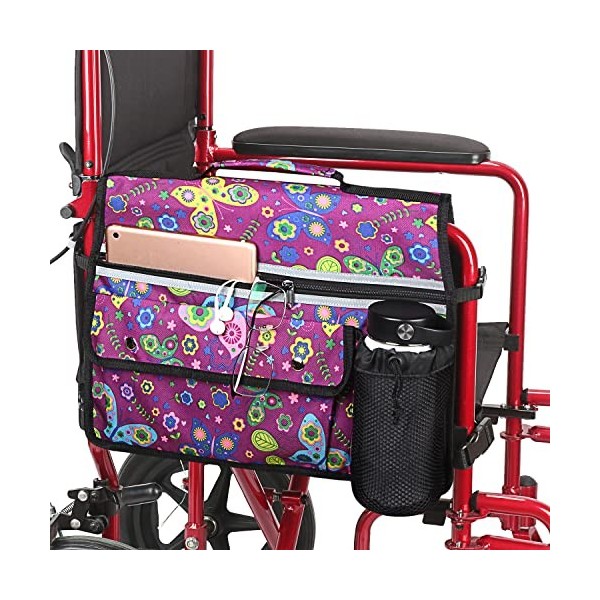 Sac de rangement pour fauteuil roulant, poche pour accoudoir double face avec porte-gobelet et bande réfléchissante, pour fau