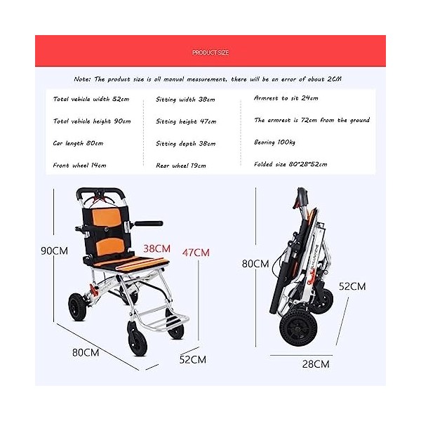 Wheelchair Fauteuil roulant pliant ultra léger Poids du fauteuil roulant de transport portable Seulement 18 lb Fauteuil roula