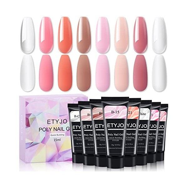 ETYJO Poly Gel Kit 8 Couleurs 15ml Poly Gel Ongle Clear Nude Rosa Nail Extension Gel UV Ongle Gel Kit, Quick Building Acrygel