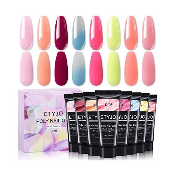 ETYJO Poly Gel Kit 8 Couleurs 15ml Poly Gel Ongle Clear Nude Rosa Nail Extension Gel UV Ongle Gel Kit, Quick Building Acrygel