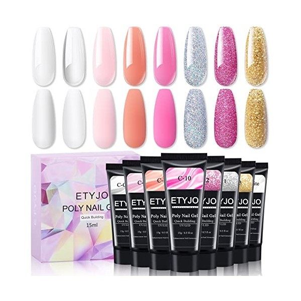 ETYJO Poly Gel Kit 8 Couleurs 15ml Poly Gel Ongle Clear Nude Rosa Nail Extension Gel UV Ongle Gel Kit, Quick Building Acrygel