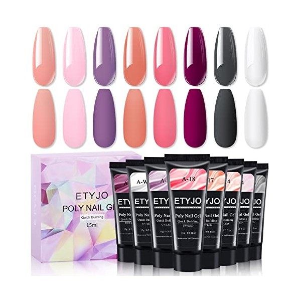 ETYJO Poly Gel Kit 8 Couleurs 15ml Poly Gel Ongle Clear Nude Rosa Nail Extension Gel UV Ongle Gel Kit, Quick Building Acrygel