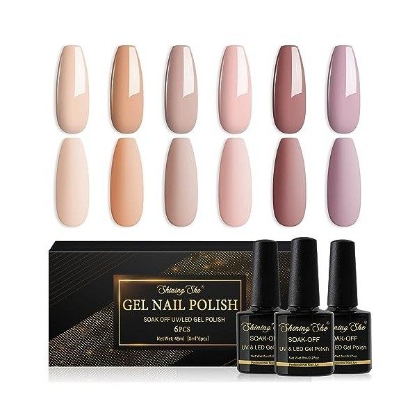 Shining She Vernis Semi Permanent Nudee, 6 Couleurs Rose Nude Champagne Vernis à Ongles Soak Off UV/LED Semi Permanent Pour S