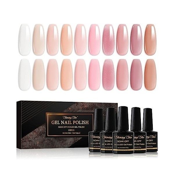 Shining She Vernis Semi Permanent Nudee, 6 Couleurs Rose Nude Champagne Vernis à Ongles Soak Off UV/LED Semi Permanent Pour S