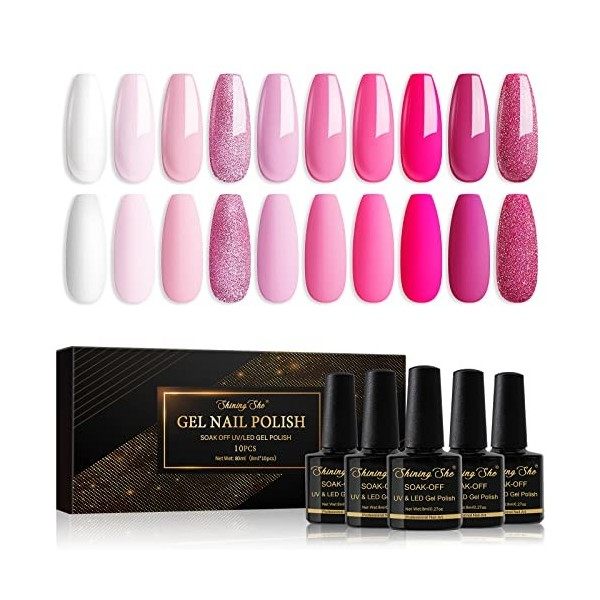 Shining She Vernis Semi Permanent Nudee, 6 Couleurs Rose Nude Champagne Vernis à Ongles Soak Off UV/LED Semi Permanent Pour S