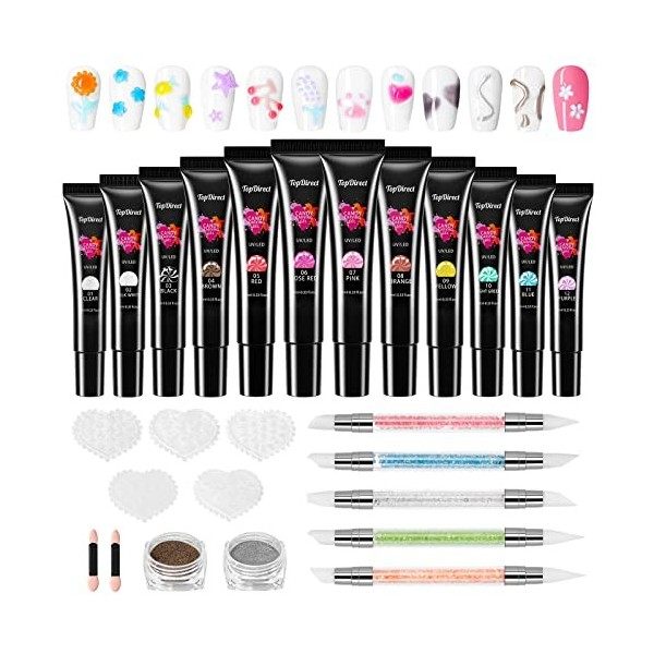 TopDirect Gel Construction Ongle UV 12 Couleurs, Sculpture Builder Gel avec 5 Pinceau Silicone, 2 x Poudres Miroir Or + Arge