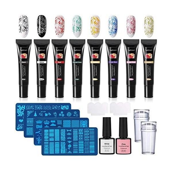 TopDirect Gel Construction Ongle UV 12 Couleurs, Sculpture Builder Gel avec 5 Pinceau Silicone, 2 x Poudres Miroir Or + Arge