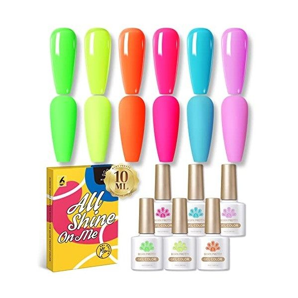 BORN PRETTY 10ml Vernis Semi Permanent Fluo, 6 Couleurs Néon UV Led Vernis à Ongles en Gel Trempé Sain et Durable avec un Des