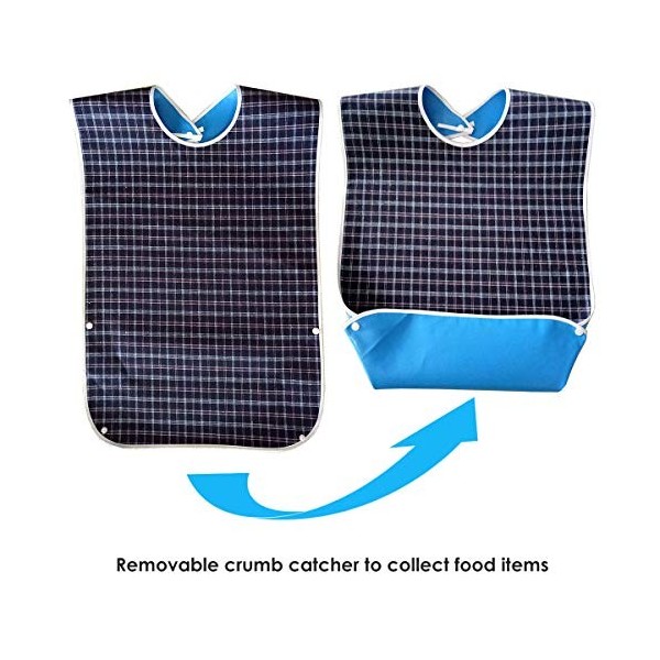 Adult Bibs, Rear Pvc Waterproof Cloth Washable Reusable Removable Adult Bib with Fixing Straps Waist Two Adjustable Snap Clos