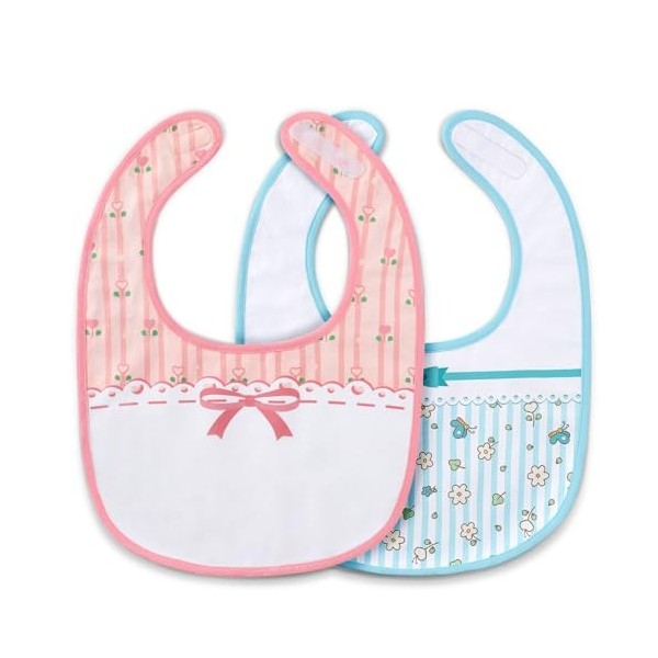 LittleForBig Lot de 2 bavoirs imperméables en coton avec fermeture Velcro réglable Motif floral Rose et bleu, rose/bleu, tail