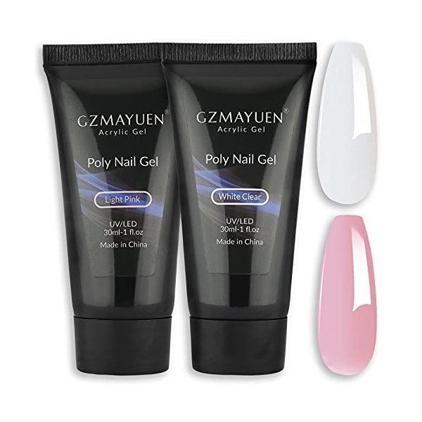 GZMAYUEN 2Pcs Poly Nail Extension Gel 30ML Blanc Extension Gel Construction Ongle et 30ML Transparent Poly Nail Builder Gel D