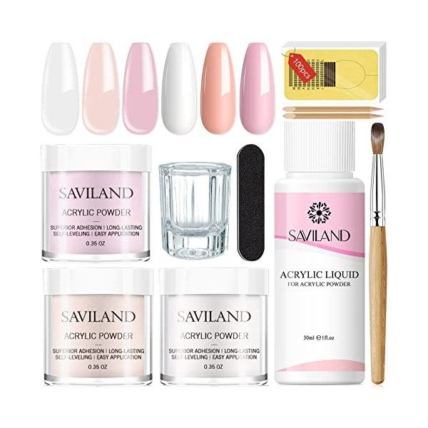 Saviland Kit Complet Acrylique Ongles, Super Fine Poudre Acrylique Clair Nudes Rose, Resine Ongle Poudre avec Liquide Acryliq