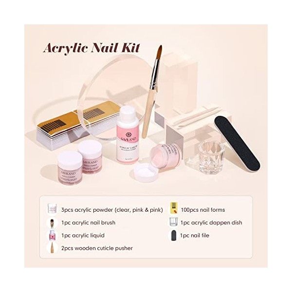 Saviland Kit Complet Acrylique Ongles, Super Fine Poudre Acrylique Clair Nudes Rose, Resine Ongle Poudre avec Liquide Acryliq