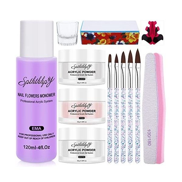 Poudre Acrylique pour Ongles SPTHTHHPY et 120ML Professionnel Liquide Acrylique, Kit Vernis à Ongles Complet, Convient Aux Dé