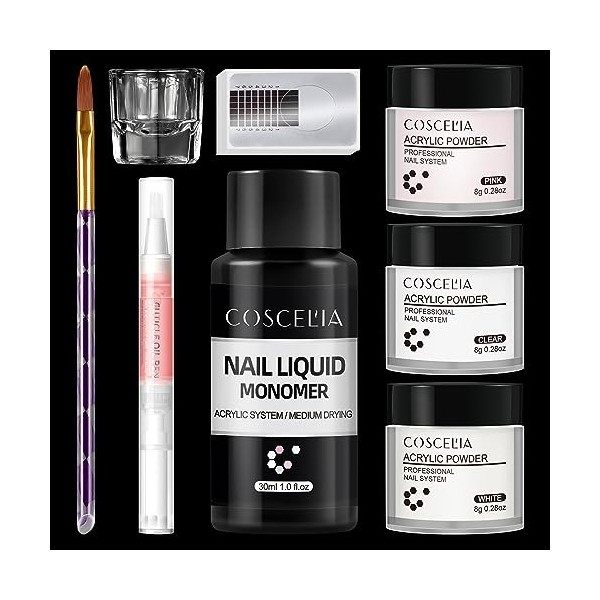 COSCELIA Kit Vernis à Ongles Complet, 3Pcs Poudre Acrylique pour Ongles et 30ml Liquide Acrylique avec des Accessoires, Kit C