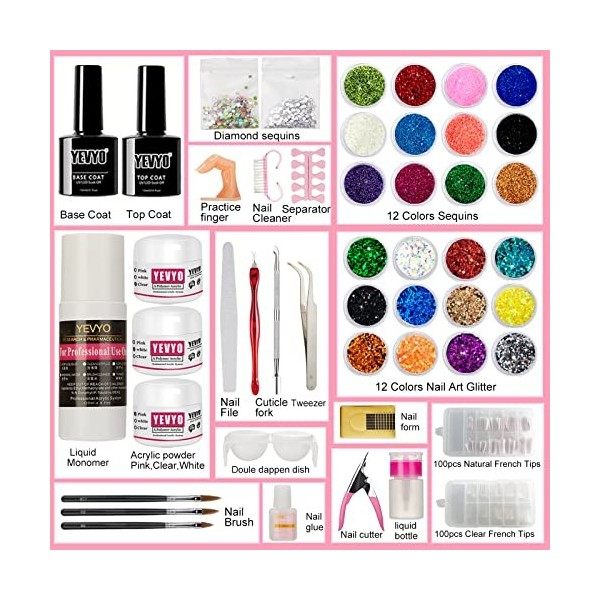 Acrylique Kit Ongles, Acrylic Poudre Liquide Poly Gel Ongle Kit Complet, avec Base et Top Coat, Paillettes, Strass Decoration