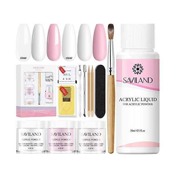 Saviland Kit Poudre Acrylique Complet,【Super Fine】Poudre Acrylique【Clair Roses Blanc】, Resine Ongle Poudre Kit avec Pinceau, 