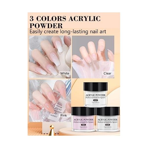 Deciniee Poudre Acrylique Pour Ongles, 36 Couleurs Kit Acrylique Ongles Avec Liquide Monomère 3 Couleurs Rose Blanc Clair, Pr