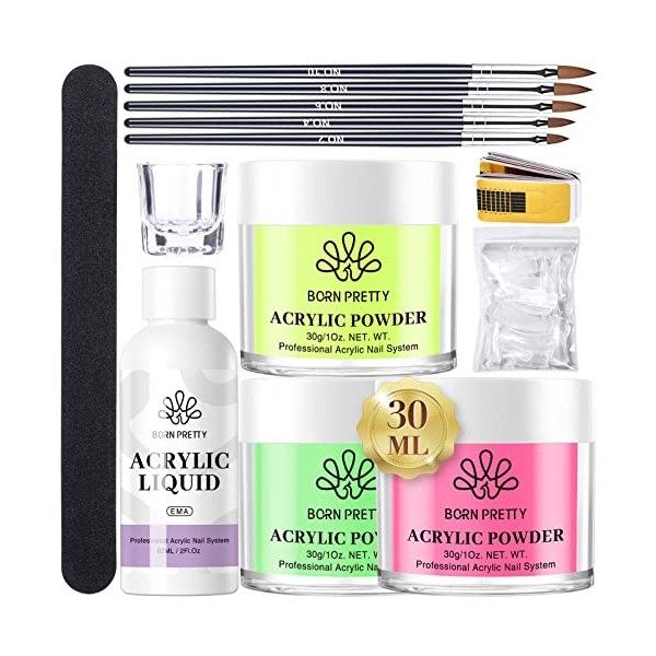 3PCS Poudre Acrylique pour Ongles et 60ML Professionnel Liquide Acrylique, BORN PRETTY Kit Vernis à Ongles Complet Fluorescen