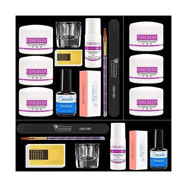 COSCELIA 3Pcs Poudre Acrylique pour Ongles Kit Ensmeble Liquide Acrylique 75ml Kit Vernis à Ongles Complet Complet Primer Lim