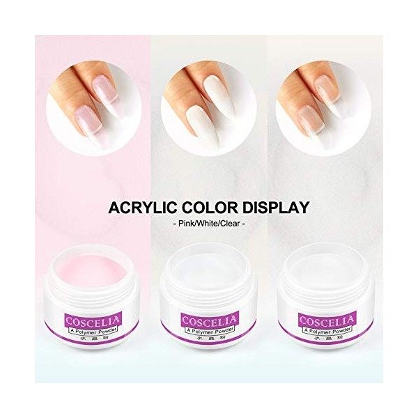 Coscelia Kit Poudre Acrylique pour Ongles Kit Ensemble Colors Blanc Rose Clair Poudre Ongles nail art Pinceau Acrylique Liqui