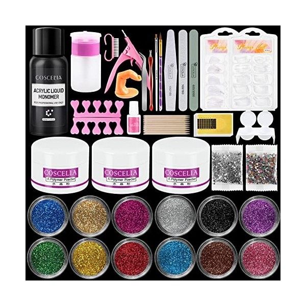 COSCELIA Kit Poudre Acrylique pour Ongle 3 Couleur Clair/Rose/Blanc Powder Acrylique Liquide Acrylic 200pc Faux Ongles Liquid