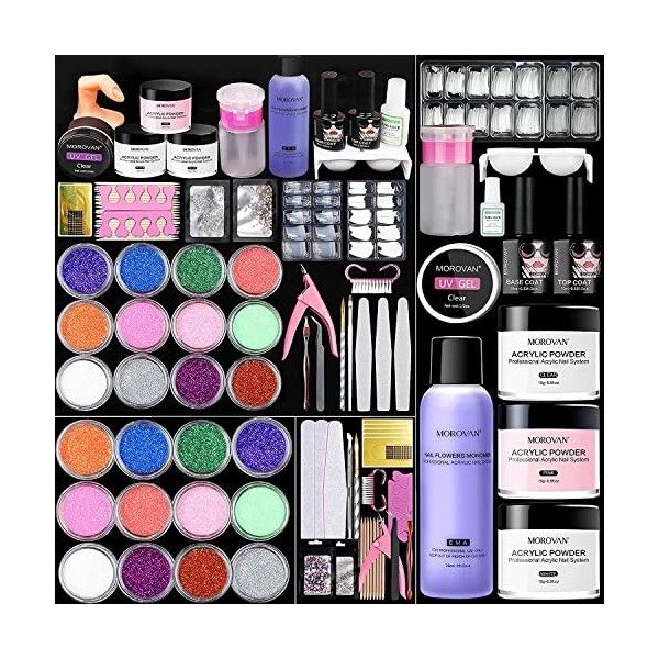 Morovan Kit Acrylique Ongles Complet Glitter Poudre Acrylique Pour Ongles et Ensemble Liquide Monomère Professionnel avec Poi