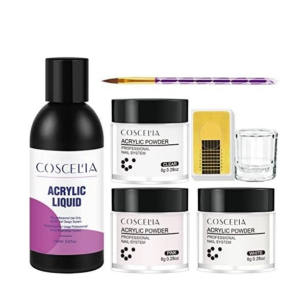 COSCELIA Kit Acrylique Pour Ongles 3 Pcs Poudre Acrylique pour Ongles Monomère Liquide Extension dOngles Acrylique 150ML Sta