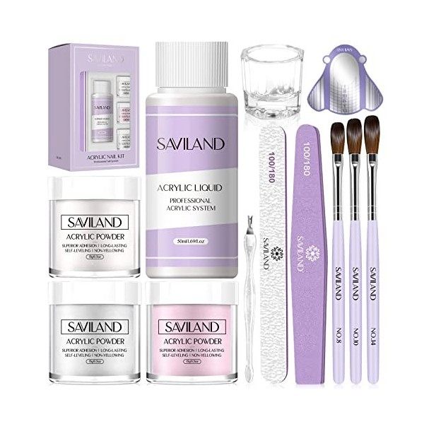 Saviland Kit de Poudre Acrylique pour Ongles, 15g Transparent Blanc Rose Poudre Ongle, 50ml Liquide Acrylique pour Ongles, 3 