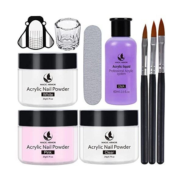 Kit de poudre et de liquide acryliques - 1 Kit d’ongles avec 3 couleurs de poudre - Monomère professionnel - Brosse à ongles 