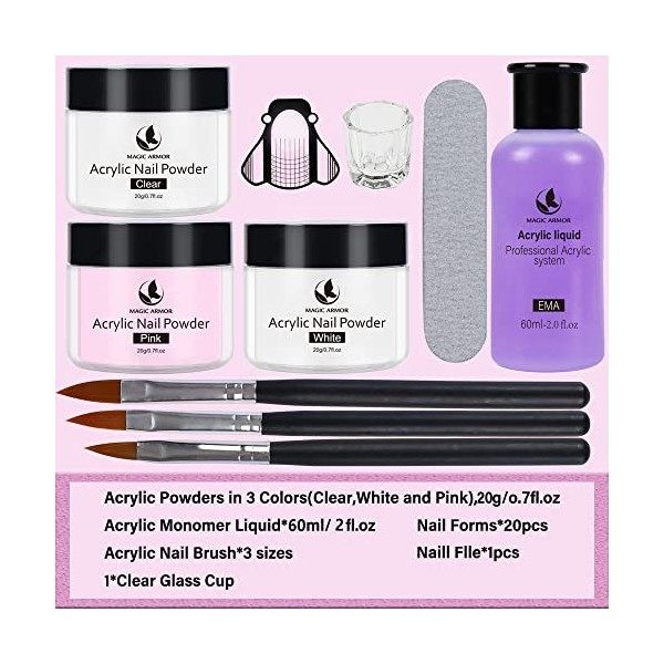 Kit de poudre et de liquide acryliques - 1 Kit d’ongles avec 3 couleurs de poudre - Monomère professionnel - Brosse à ongles 