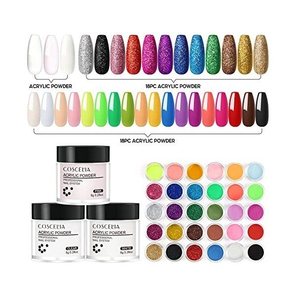 COSCELIA Kit Poudre Acrylique pour Ongles Dip Powder Poudres Liquide Acrylique Poudre à Tremper pour Ongles pas Besoin de Led