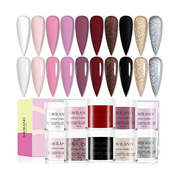 Saviland Acryl Powder For Nails - Set dongles en acrylique de 10 couleurs Série Bourgogne Professionnelle colorée pour lext