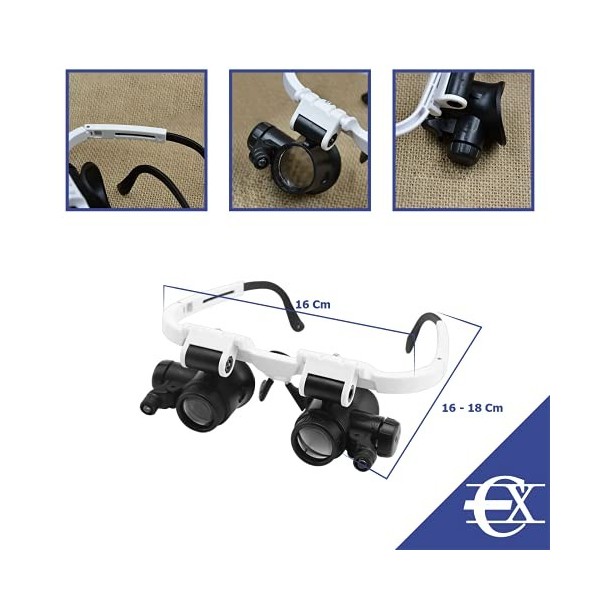 EUROXANTY Lunettes Loupe | Loupe Frontale avec différents Grossissements | Lunette de Précision avec Éclairage LED | Loupe d’