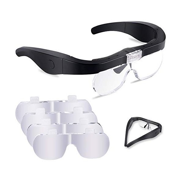 Lunette Loupe avec 2 LED, Frontale Grossissantes Casque Loupe Mains Libres avec 4 Lentilles Amovibles pour Lecture, Bijoutier