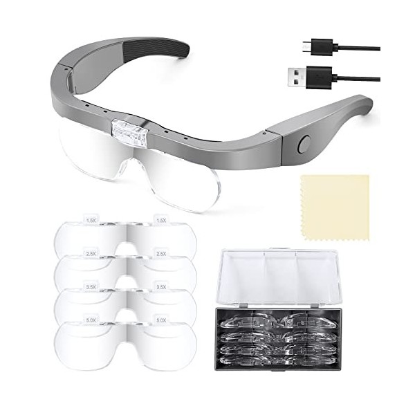 Lunette Loupe avec 2 LED, Frontale Grossissantes Casque Loupe Mains Libres avec 4 Lentilles Amovibles pour Lecture, Bijoutier