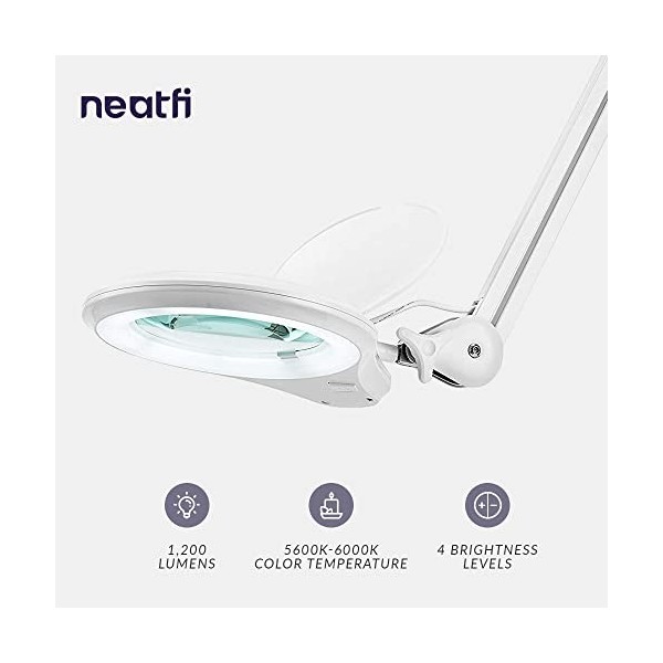 Neatfi Nouveau modèle Bifocals Lampe loupe Super LED 1 200 lumens avec base pivotante à 5 roues, double dioptrie 5/20, inte